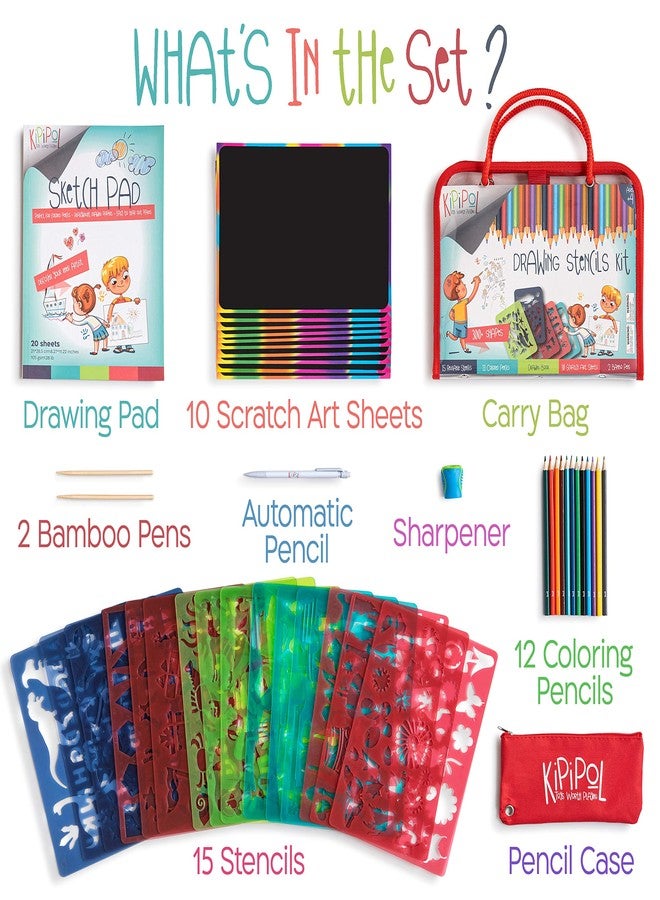 Kipipol 63 Pcs Drawing Stencils for Kids Ages 4-8 - 8-12 and Up - Arts and Crafts for Girls and Boys - Kids Drawing kit - Arts Set- 15 Art Stencils, 260+ Designs -Scratch Art- Creativity Gifts & Toys - Image 2